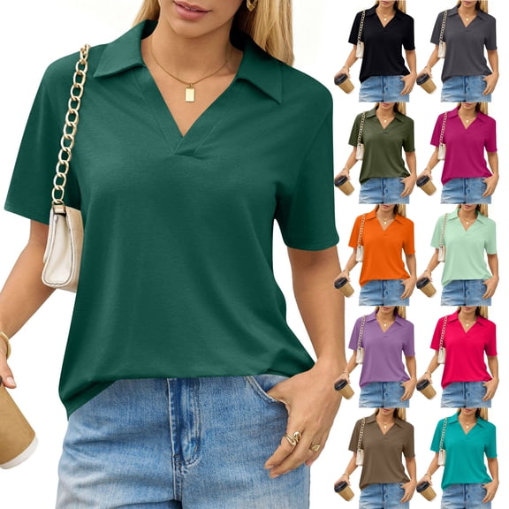 WULMLEO Plus Size Collared Polo Shirts Summer Short Sleeve V Neck Business Tops for Women Dark Green S