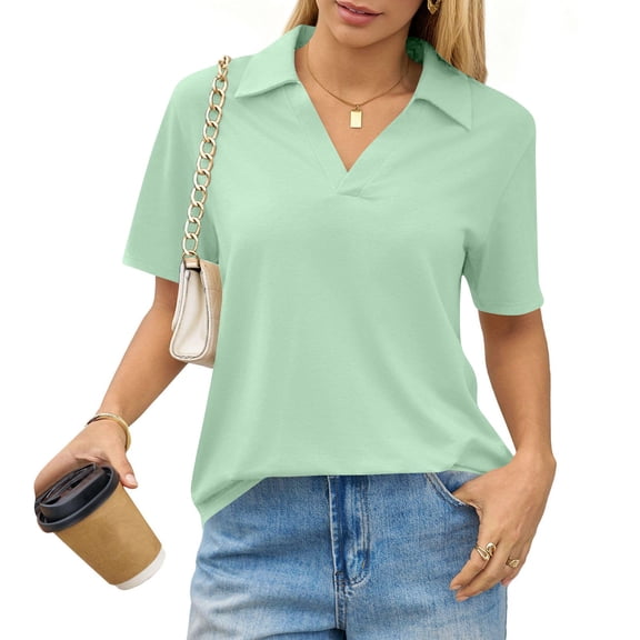 WULMLEO Plus Size Collared Polo Shirts Summer Short Sleeve V Neck Business Tops for Women Mint Green M