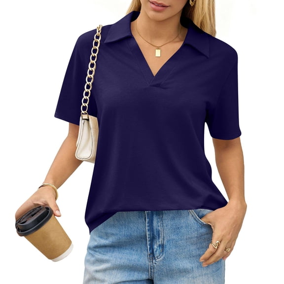 WULMLEO Plus Size Collared Polo Shirts Summer Short Sleeve V Neck Business Tops for Women Navy M