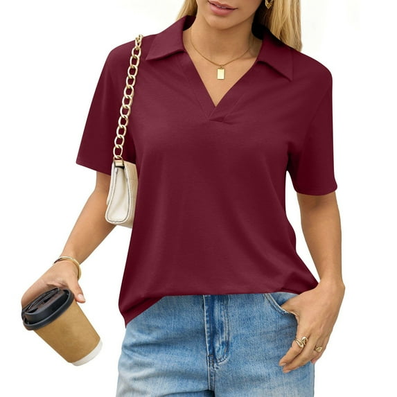 WULMLEO Plus Size Collared Polo Shirts Summer Short Sleeve V Neck Business Tops for Women Wine XL