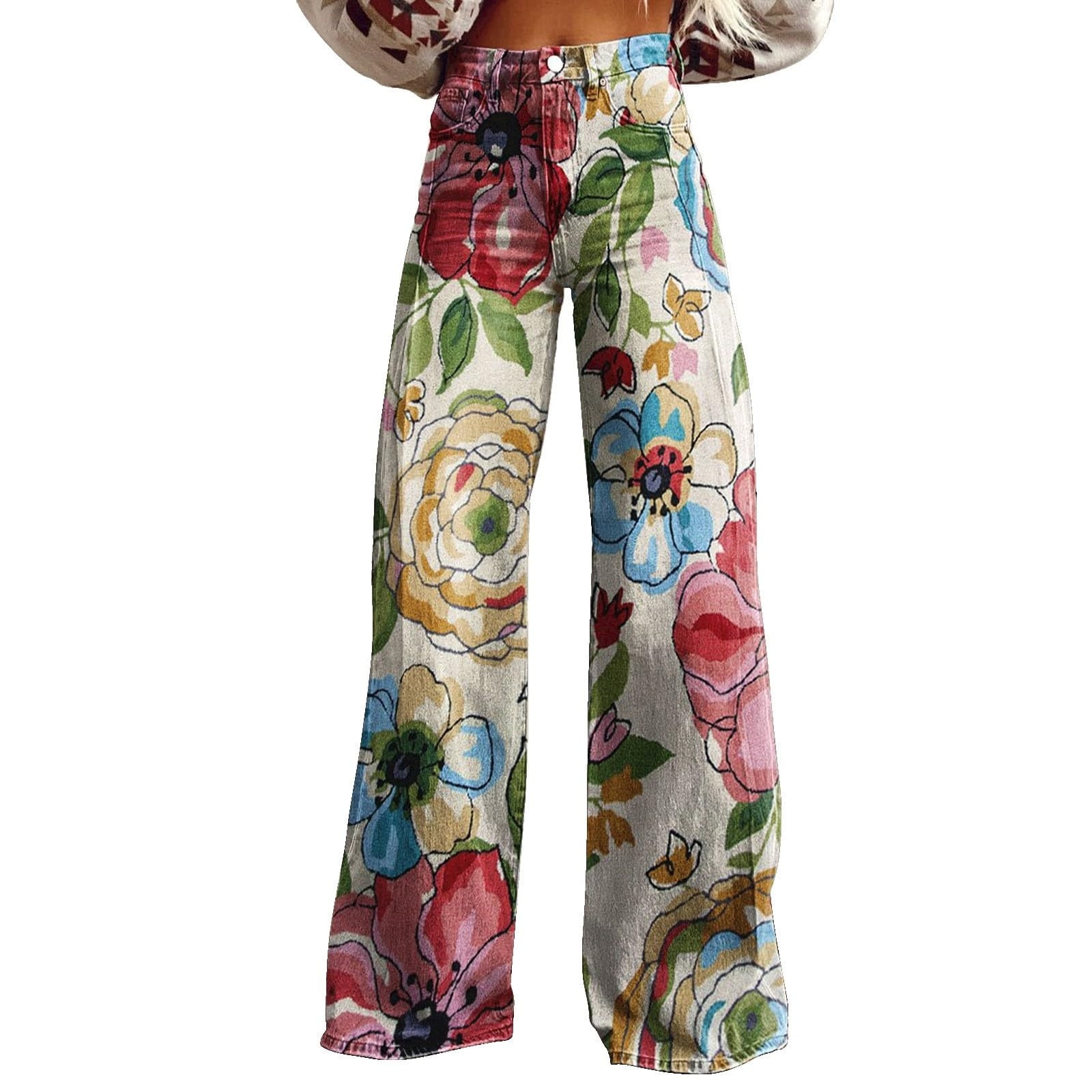 Womens Retro Floral High-Waist Wide-Leg Denim Jeans