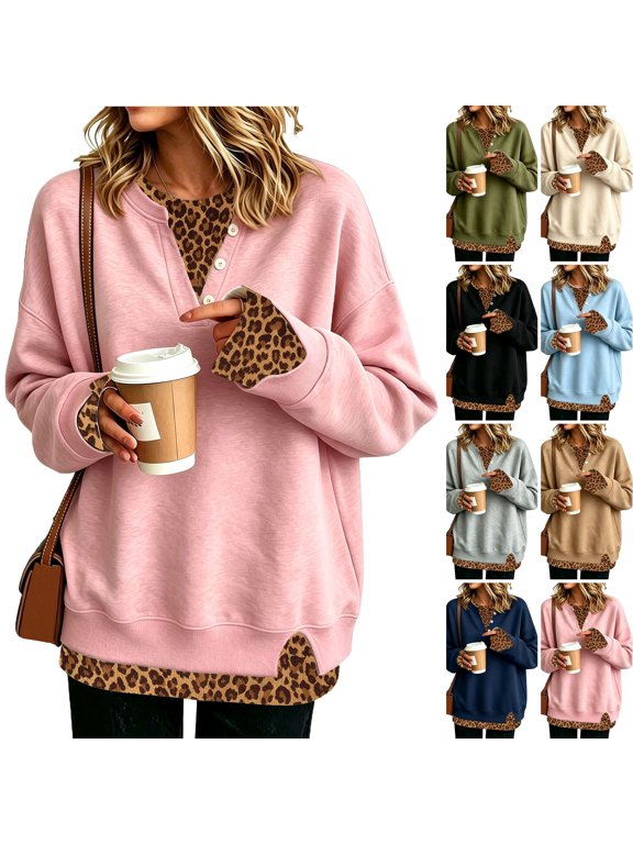 Pullover Leopard Sweatshirt Women Fake Two Piece Leopard Long Sleeve Tops Pink 3XL