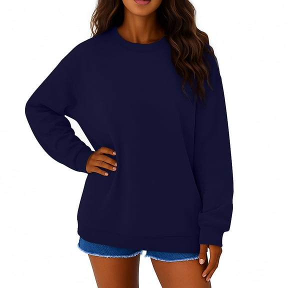 WULMLEO Pullover Tops for Ladies Oversized Drawing Basic Sweatshirts Lightweight Athletic Work Sweaters Long Sleeve Warm Sweater Crew Neck Workout Tops with Pockets Navy XL