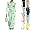 thumbnail image 1 of WULMLEO Quarter Zip Crop Sweatshirt And Wide Leg Sweatpants Matching Sets for Women Casual Lounge Vacation Outfits With Pockets Mint Green XL, 1 of 7