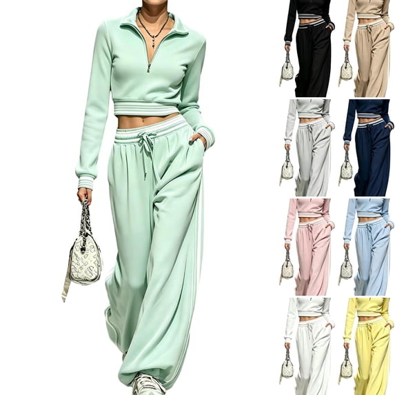 WULMLEO Quarter Zip Crop Sweatshirt And Wide Leg Sweatpants Matching Sets for Women Casual Lounge Vacation Outfits With Pockets Mint Green XL