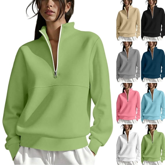 WULMLEO Quarter Zip Sweatshirt for Women Solid Long Sleeve Stand Collar Loose Fit Pullover 2026 Casual Fall Winter Soft Lightweight Tops Green L