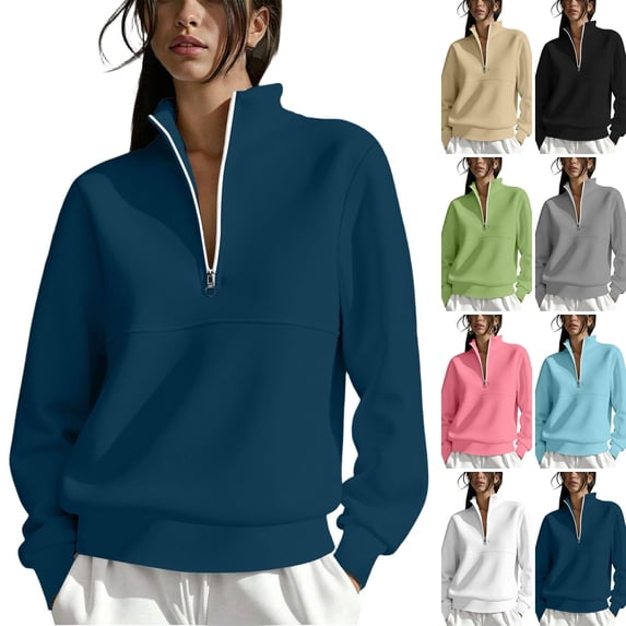 WULMLEO Quarter Zip Sweatshirt for Women Solid Long Sleeve Stand Collar Loose Fit Pullover 2026 Casual Fall Winter Soft Lightweight Tops Navy M