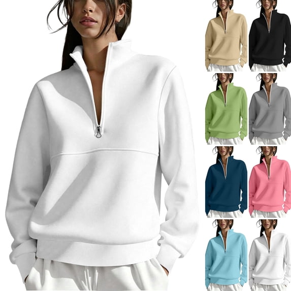 WULMLEO Quarter Zip Sweatshirt for Women Solid Long Sleeve Stand Collar Loose Fit Pullover 2026 Casual Fall Winter Soft Lightweight Tops White XL