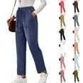 thumbnail image 1 of WULMLEO Ribbed Corduroy Pants Women Comfy Elastic High Waisted Straight Leg Pants with Pockets Pull On Work Trousers Slacks Blue S, 1 of 6