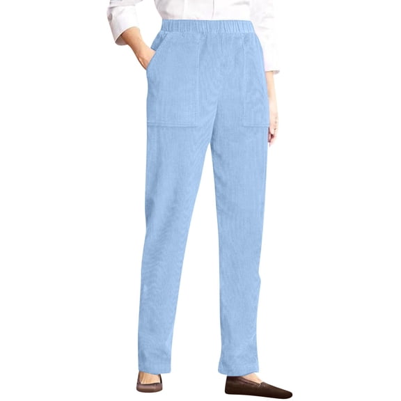 WULMLEO Ribbed Corduroy Pants Women Comfy Elastic High Waisted Straight Leg Pants with Pockets Pull On Work Trousers Slacks Light Blue S