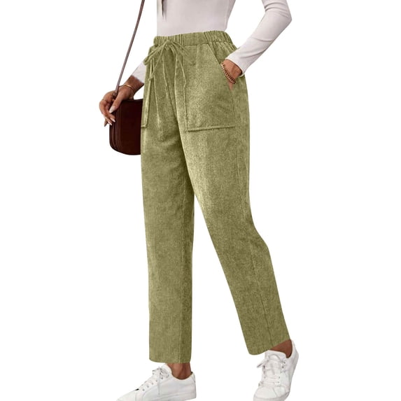 WULMLEO Ribbed Corduroy Pants Women Comfy Elastic High Waisted Straight Leg Pants with Pockets Pull On Work Trousers Slacks Light Green 2XL