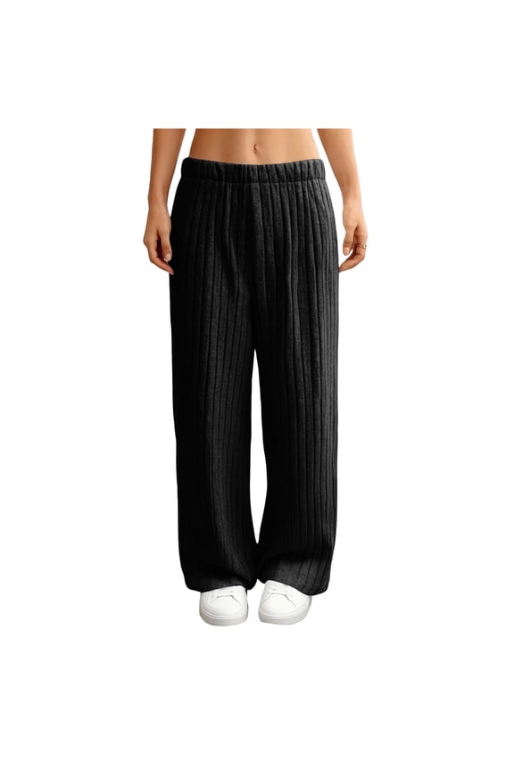 Ribbed Lounge Pants Women with Pockets Baggy Wide Leg Knit Pants Soft Pull On Low Rise Sweater Pant Comfy Casual Pant Black 2XL