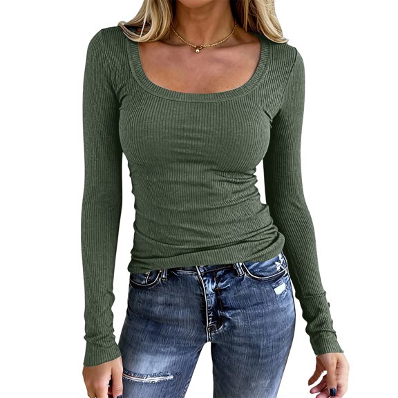 WULMLEO Scoop Neck Long Sleeve Tops for Women Dressy Casual Tight Knit y2K Shirts Trendy Fitted Base Layer Basic Tops Army Green L