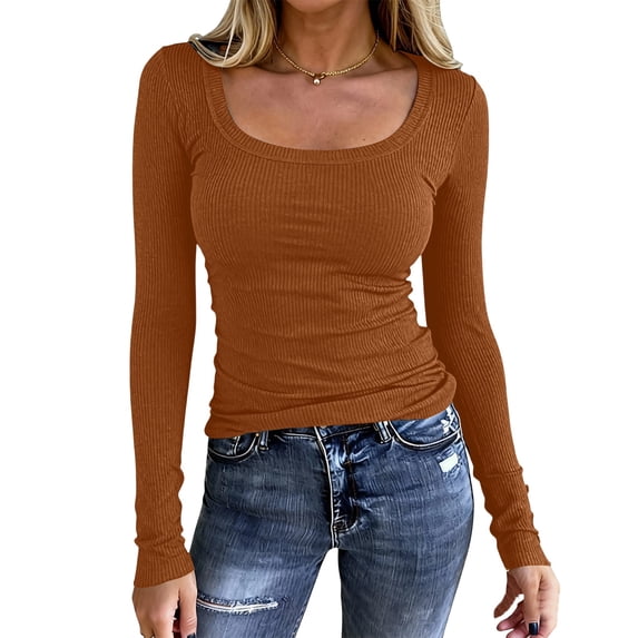 WULMLEO Scoop Neck Long Sleeve Tops for Women Dressy Casual Tight Knit y2K Shirts Trendy Fitted Base Layer Basic Tops Saffron M