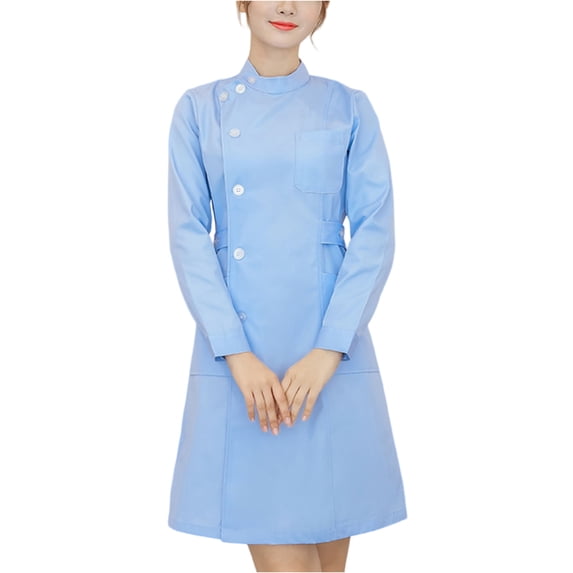 WULMLEO Scrubs Dress for Women Wrap Knee Length Casual Short Sleeve & Long Sleeve Nursing Dresses with Pockets Blue S