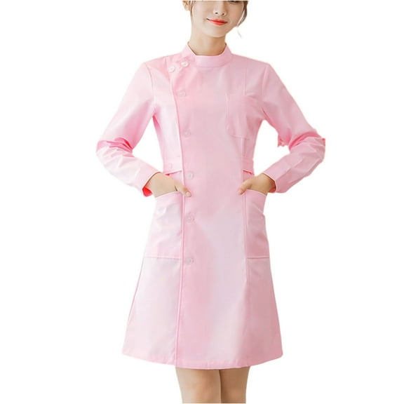 WULMLEO Scrubs Dress for Women Wrap Knee Length Casual Short Sleeve & Long Sleeve Nursing Dresses with Pockets Pink L