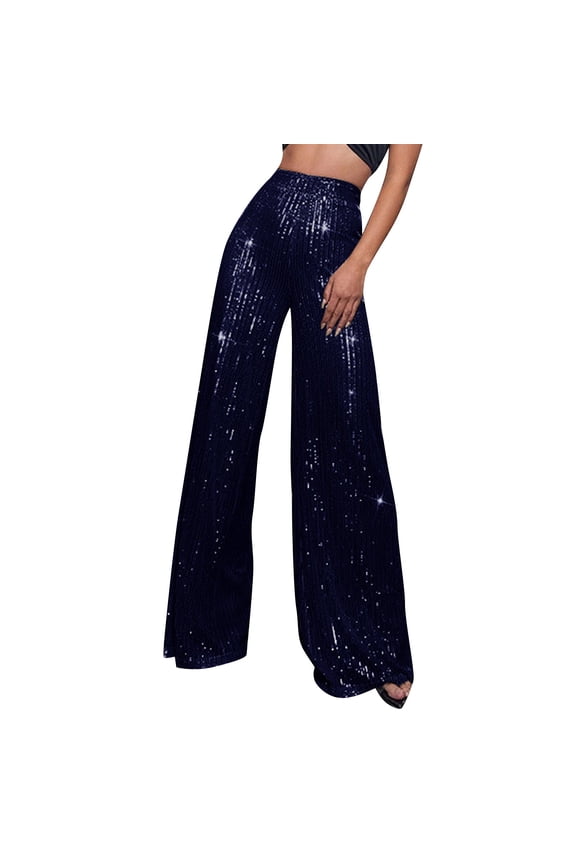 Sequin Glitter High Waist Wide Leg Palazzo Pants for Women, Sparkly Party Trouser Bling Leggings Dark Blue L