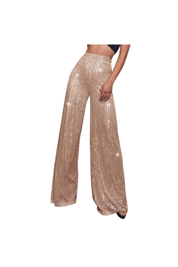 Sequin Pant for Women,2024 Spring Sparkly Glitter High Waist Wide Leg Palazzo Pant Party Club Trouser Bling Legging Champagne S