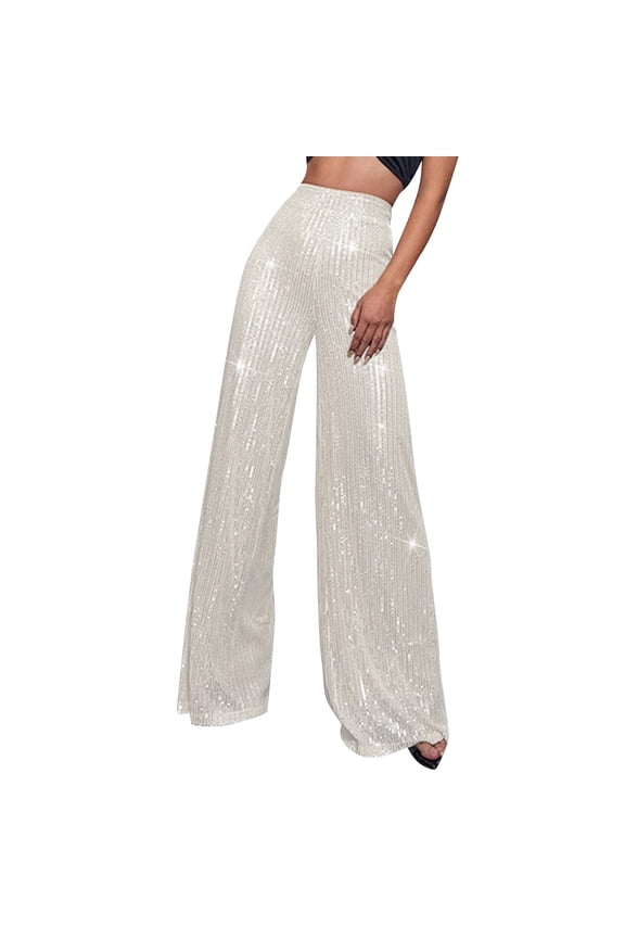 Sequin Pant for Women,2024 Spring Sparkly Glitter High Waist Wide Leg Palazzo Pant Party Club Trouser Bling Legging Silver 2XL