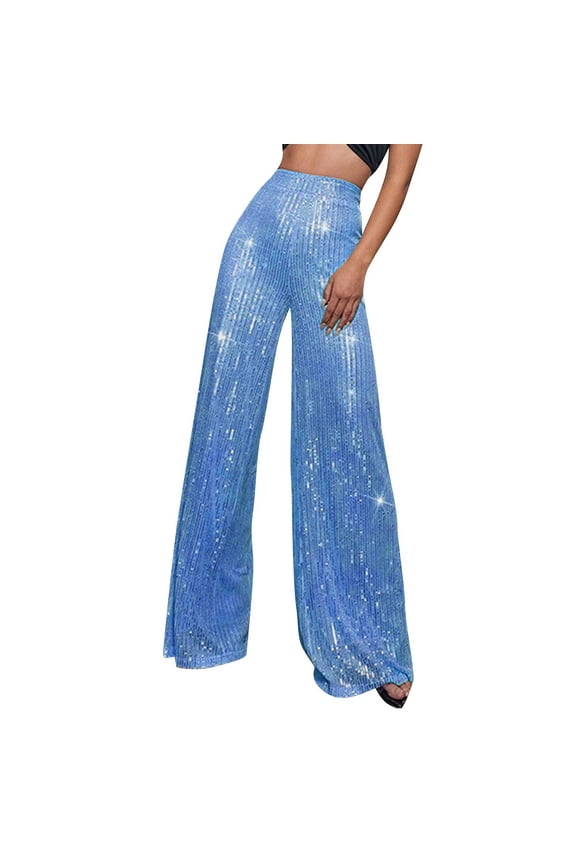 Sequin Pant for Women,2024 Spring Sparkly Glitter High Waist Wide Leg Palazzo Pant Party Club Trouser Bling Legging Sky Blue S