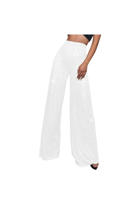 Sequin Pant for Women,2024 Spring Sparkly Glitter High Waist Wide Leg Palazzo Pant Party Club Trouser Bling Legging White 3XL