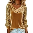 thumbnail image 1 of WULMLEO Sequin Tops for Women Dressy Casual Long Sleeve Sparkly Velvet Top Cowl Neck New Years Eve Outfits Quiet Luxury Clothes Gold 2XL, 1 of 4