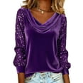 thumbnail image 1 of WULMLEO Sequin Tops for Women Dressy Casual Long Sleeve Sparkly Velvet Top Cowl Neck New Years Eve Outfits Quiet Luxury Clothes Purple M, 1 of 4
