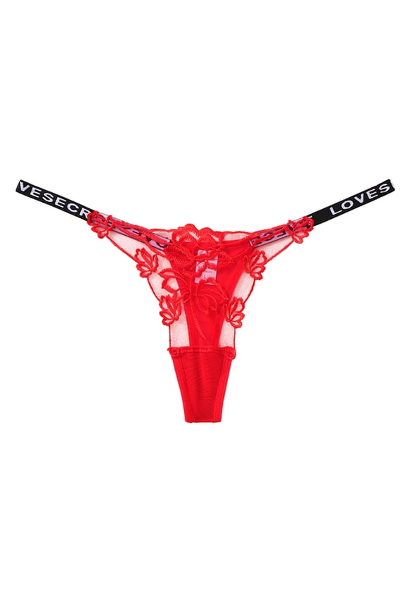 Sheer Lace G-String for Women, T Back Thong, Low Rise Cheeky Panty Red L