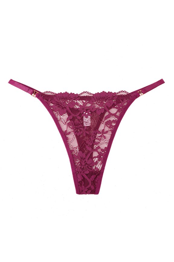 Sheer Lace G-String for Women, T Back Thong, Low Rise Cheeky Panty Wine L