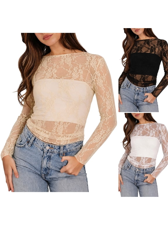 Sheer Tops For Women Lace Slim Fit Tops Boat Neck Long Sleeve Floral Mesh Shirts Beige M