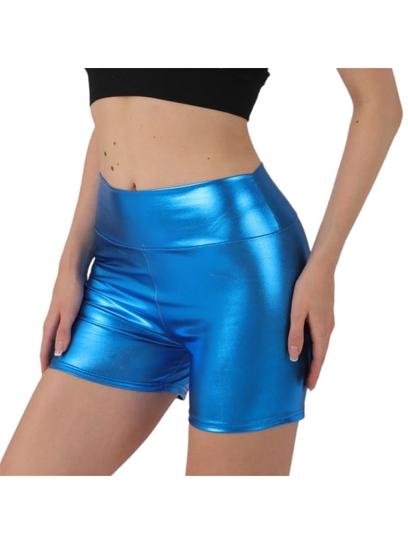 Shiny Metallic High Waisted Rave Shorts Festival Disco Dance Workout Shorts Sky Blue XL