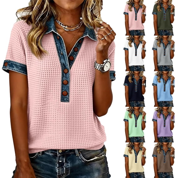 WULMLEO Shirts for Women Trendy Short Sleeve Button Up Collared Tops with Denim Collar Knit Patchwork Polo Shirts Brown L