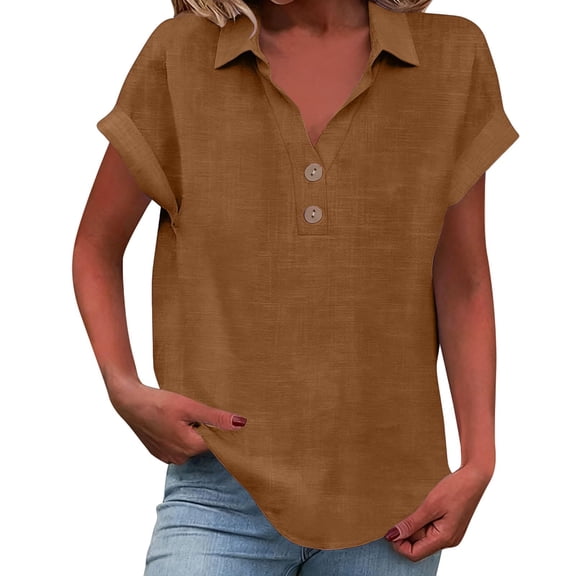 WULMLEO Short Sleeve Linen Shirt Women Resort Wear Button Up Collared Henley Shirts Summer Beach Vacation Clothes for Women Brown M