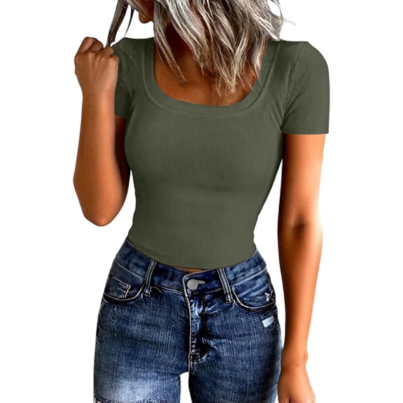 WULMLEO Short Sleeve Shirts for Women Crop Scoop Neck Slim Fitted Basic Shirt Solid Oversized Ribbed Knit Casual T-Shirt Army Green L