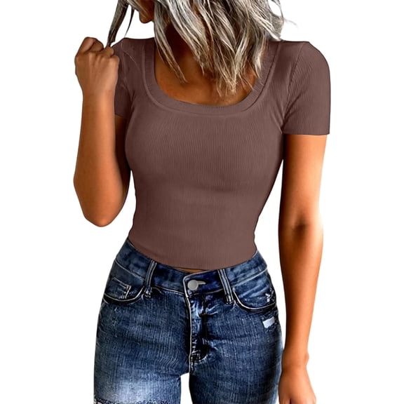 WULMLEO Short Sleeve Shirts for Women Crop Scoop Neck Slim Fitted Basic Shirt Solid Oversized Ribbed Knit Casual T-Shirt Brown L