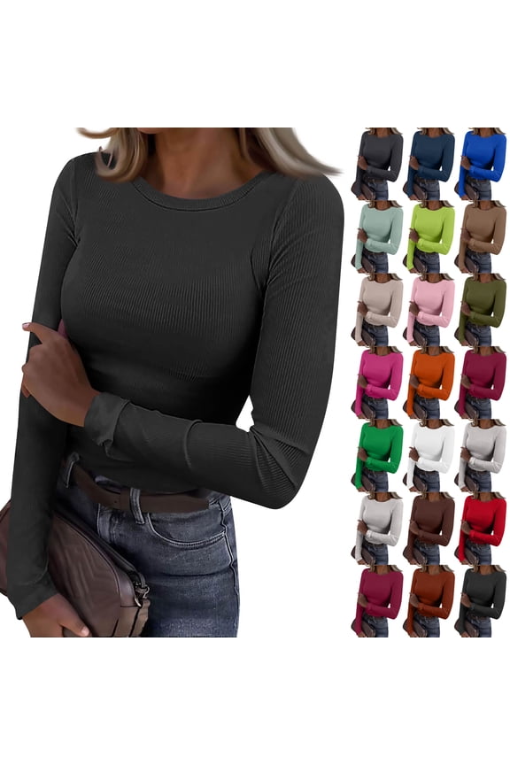 Slim Fit Underscrub for Women Rib Knit Long Sleeve Spring Crew Neck Tops Trendy Workout Loose Shirts Basic Plus Size Plus Size Tees Light Gray M