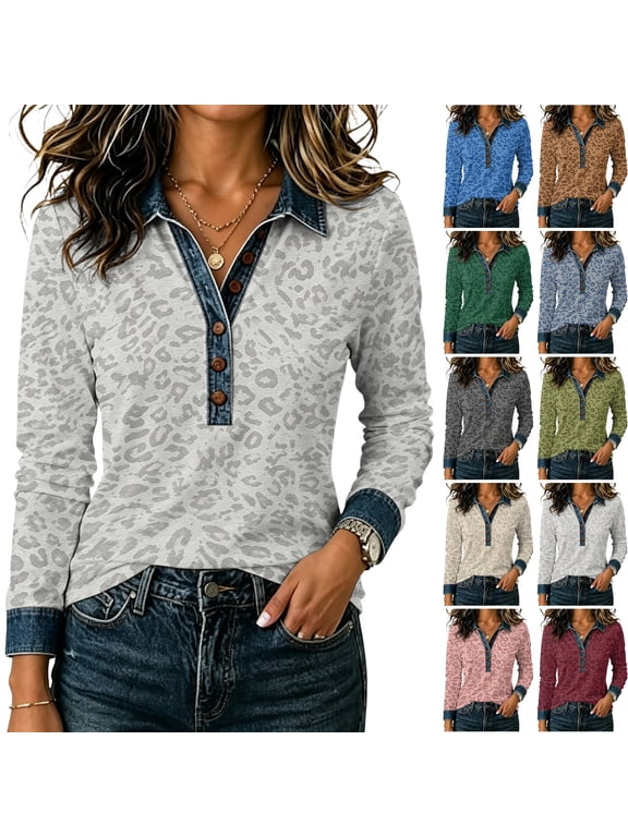 Soft Henley Shirts For Women Leopard Print Collared Long Sleeve Blouses Tops Gray S