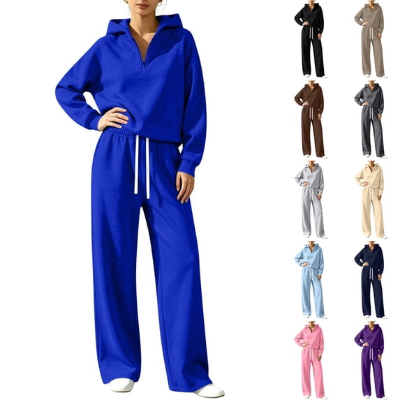 WULMLEO Solid Color Sweat Suits Outfit Women V Neck Hooded Sweatshirt ...