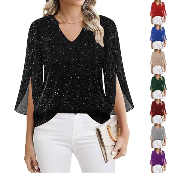 WULMLEO Sparkle Tops for Women 3/4 Sleeve V Neck Sparkly Top Glitter Bling Sequin Cocktail Disco Going Out Blouses Outfits Black S