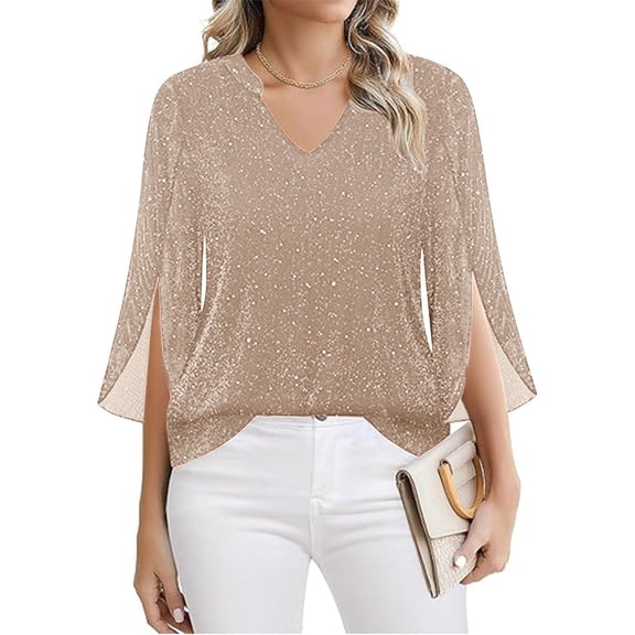WULMLEO Sparkle Tops for Women 3/4 Sleeve V Neck Sparkly Top Glitter Bling Sequin Cocktail Disco Going Out Blouses Outfits Khaki M