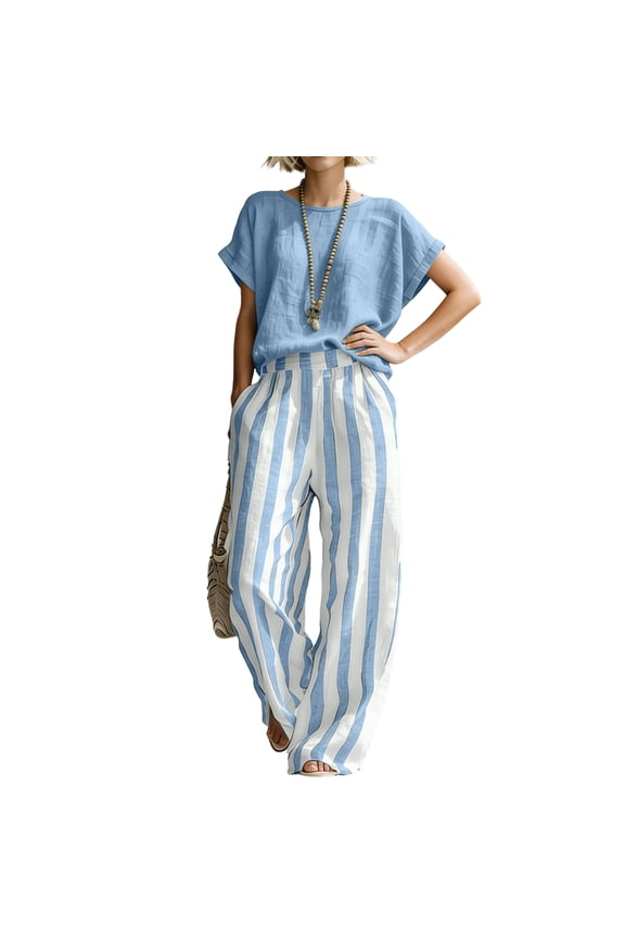 Striped Cotton Linen 2 Piece Outfits Casual Loose Fit for Women Summer Matching Set with Top and Wide Leg Pants Blue M