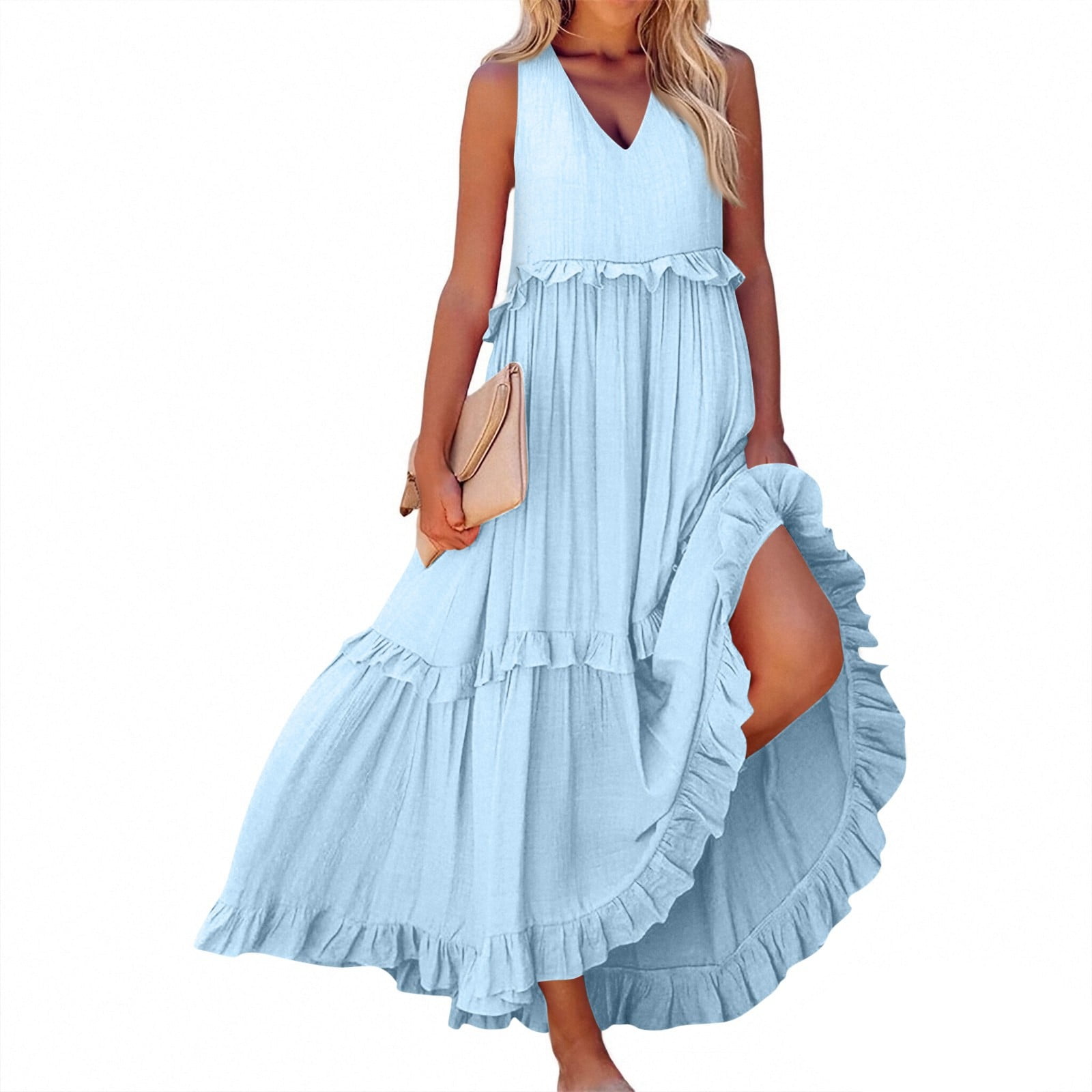 ◆Loulouseoul◆ Dot Halter Dress Light Blue WULMLEO Summer Maxi Dresses for Women 2025 Smocked Halter