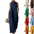 thumbnail image 1 of WULMLEO Summer Romper for Women Cotton Linen One Piece Stand Collar Button Front Sleeveless Overalls Casual Stretch Cute Office Rompers with Pockets Navy S, 1 of 5