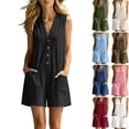 thumbnail image 1 of WULMLEO Summer Rompers For Women V Neck Sleeveless Button Front Pants Casual Loose Fit Cotton Short Jumpsuits With Pockets Black L, 1 of 6