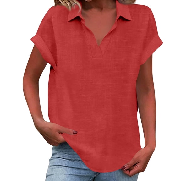 WULMLEO Summer Tops for Women Trendy Short Sleeve Cotton Linen Shirts Casual V Neck Collar Tunic Blouses Outfits Red M
