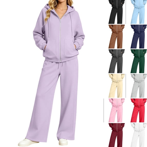 WULMLEO Sweat Sets for Women 2 Piece Zip Up Hoodie and Sweat Pants Set Tracksuit Purple L