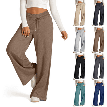 WULMLEO Sweatpants for Women Casual Cotton Drawstring Wide Straight Leg Pantalones Travel Plus Size Workout High Waisted Mujer Pants Lightweight Loose Fit Comfy Work Bottoms Brown S