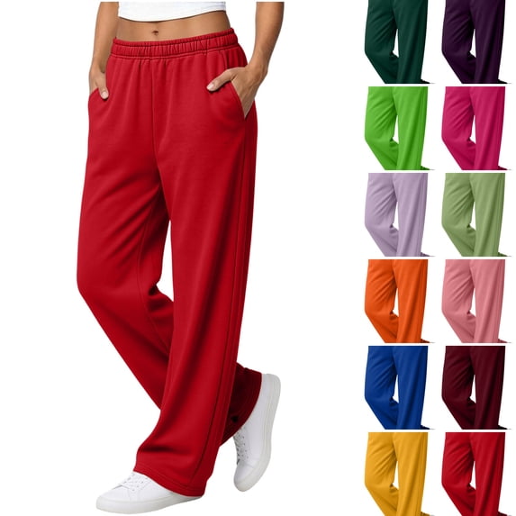 WULMLEO Sweatpants Women Fall Winter Elastic Waist Wide Leg Solid Pant Lounge Comfortable Paloma Pants Soft Oversized Trousers with Pockets Red XL