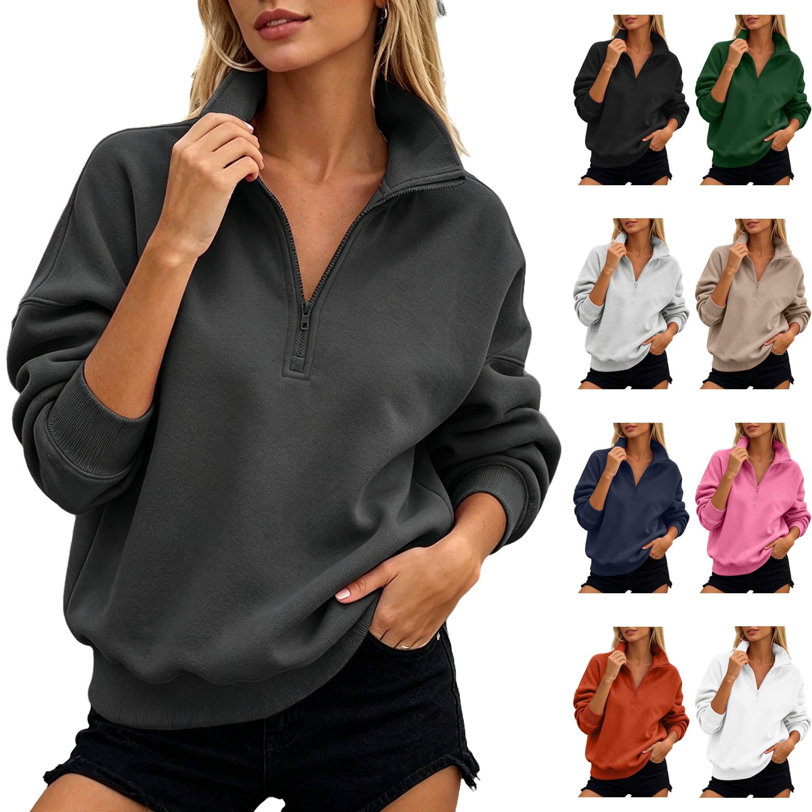 WULMLEO Sweatshirt For Women Zip Up No Hood Quarter Zip Pullover Tops ...