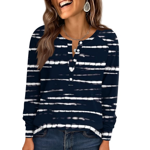 WULMLEO T Shirts for Women Long Sleeve V Neck Tees Casual Striped Spring Tops Button Down Blouses Dressy Fashion Clothing Navy M